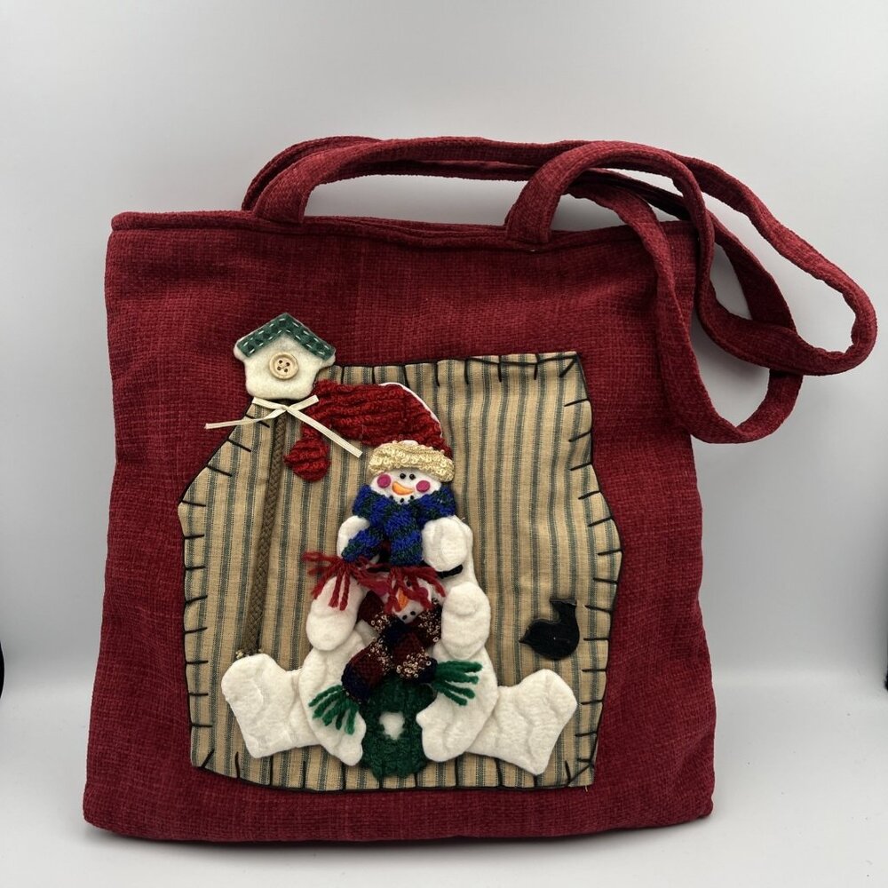 Woven Christmas Holiday Snowmen 3D Stitched Red Shoulder Handbag Bird Mailbox